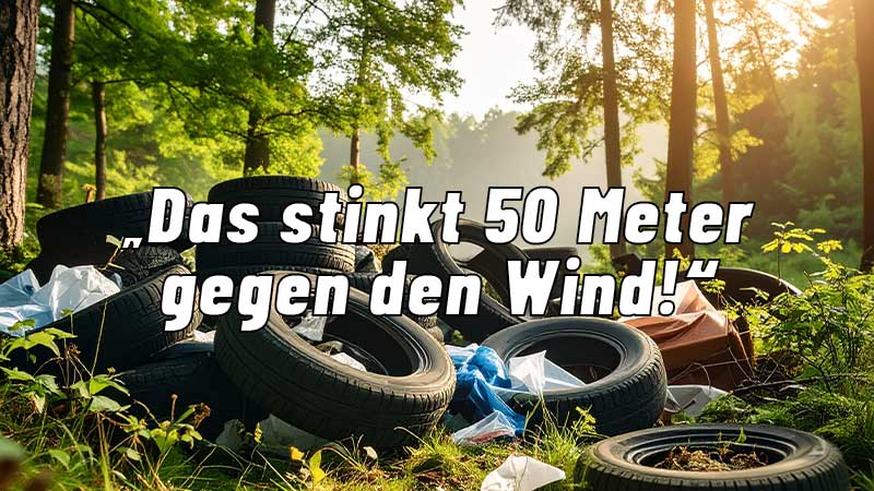 Illegale Müllablagerung im Wald bei Ransbach-Baumbach: Mehrere Autoreifen und blaue Müllsäcke liegen zwischen Bäumen auf einem Waldweg. Text über dem Bild: „Das stinkt 50 Meter gegen den Wind!“