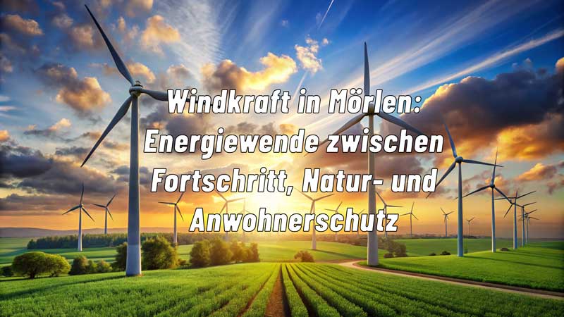 Mehrere Windkraftanlagen stehen in einer grünen, landwirtschaftlich genutzten Landschaft unter einem dramatisch gefärbten Himmel bei Sonnenuntergang. Text im Bild: „Windkraft in Mörlen: Energiewende zwischen Fortschritt, Natur- und Anwohnerschutz“.