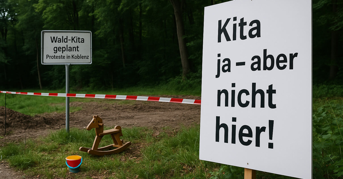 Protestszene am Waldrand in Koblenz: Im Vordergrund steht ein großes weißes Schild mit der Aufschrift „Kita ja – aber nicht hier!“. Im Hintergrund ist ein weiteres Schild zu sehen mit dem Text „Wald-Kita geplant – Proteste in Koblenz“. Der Bereich ist mit rot-weißem Flatterband abgesperrt. Auf dem Boden stehen ein hölzernes Schaukelpferd und bunte Spielzeugeimer. Dahinter beginnt ein dichter grüner Wald.