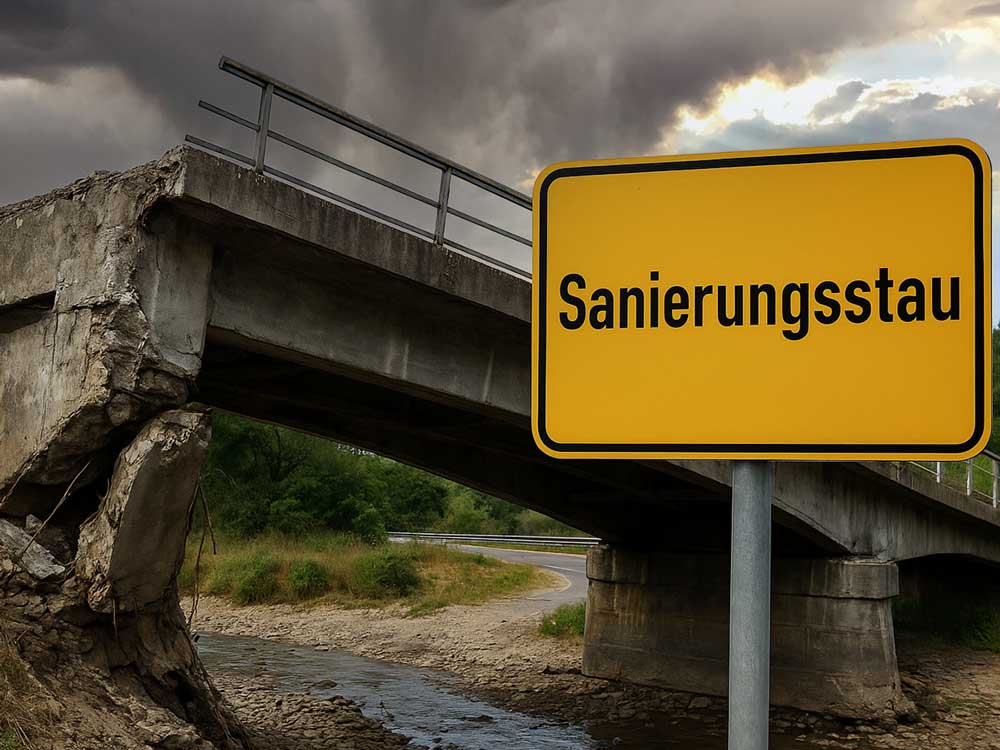 Eine stark beschädigte Betonbrücke mit sichtbaren Rissen und abgebrochenen Teilen. Davor steht ein gelbes Schild mit der Aufschrift „Sanierungsstau“.