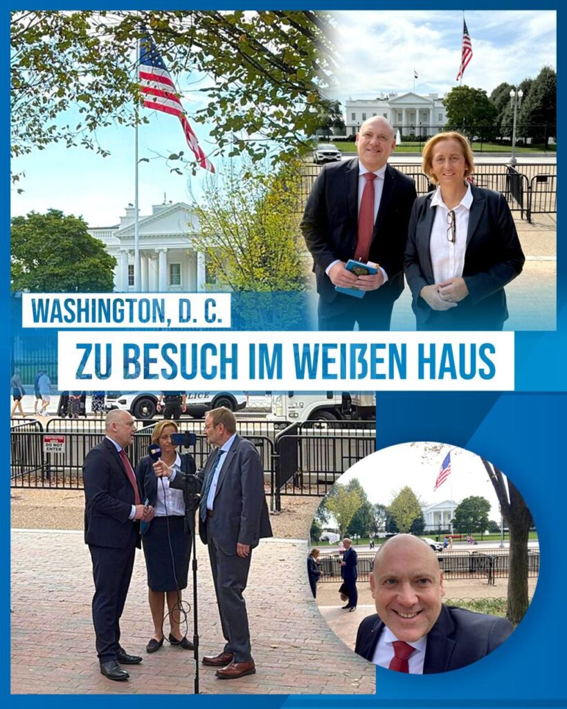Joachim Paul und Beatrix von Storch vor dem Weißen Haus in Washington, D.C., im Rahmen ihres politischen Besuchs.