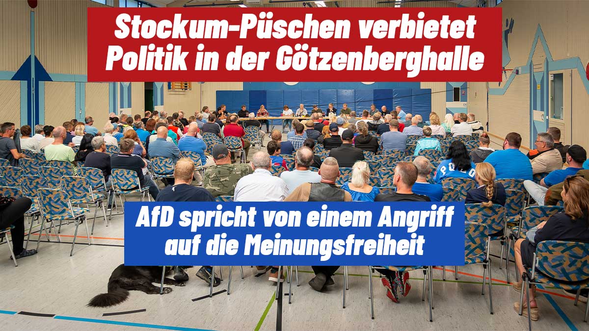 Blick in die vollbesetzte Götzenberghalle während der Gemeinderatssitzung in Stockum-Püschen am 1. September 2025. Zahlreiche Bürger verfolgen die Diskussion über das Verbot politischer Veranstaltungen