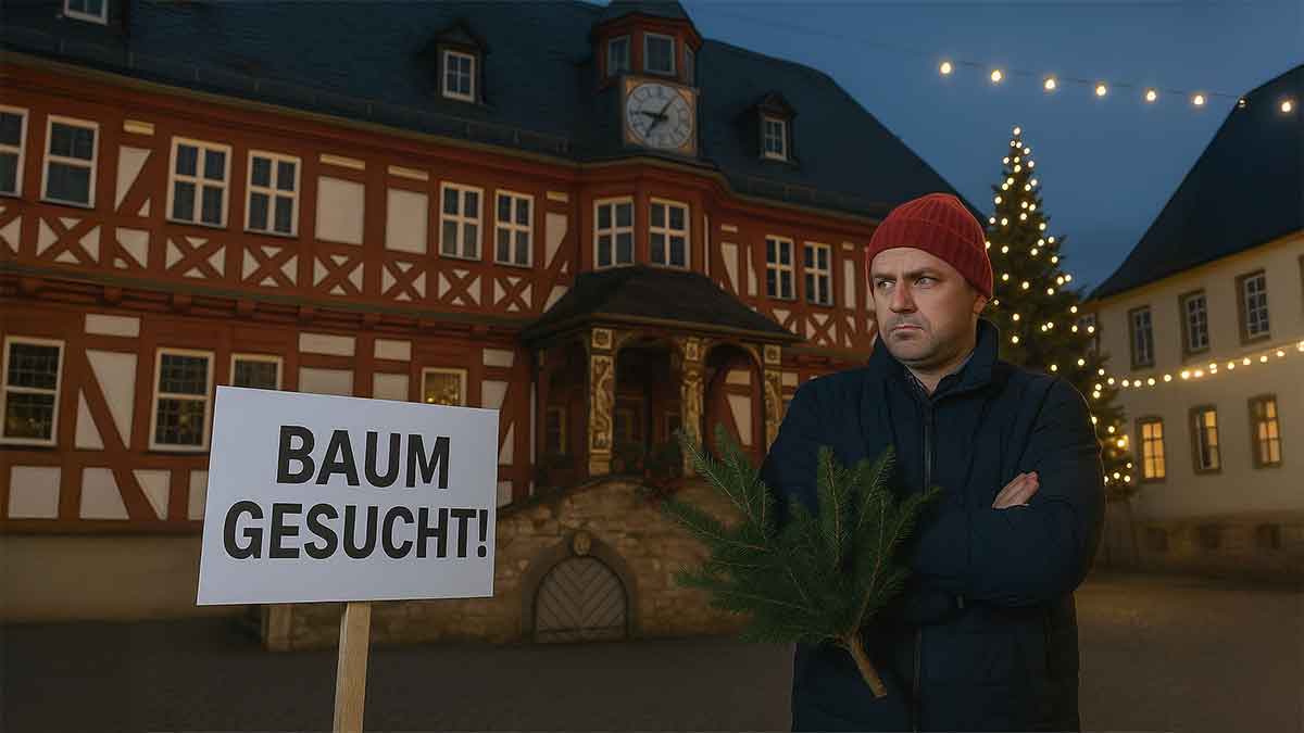 Bürger hält eine Tanne vor dem Rathaus Hadamar – Stadt sucht Weihnachtsbäume von Privatleuten.