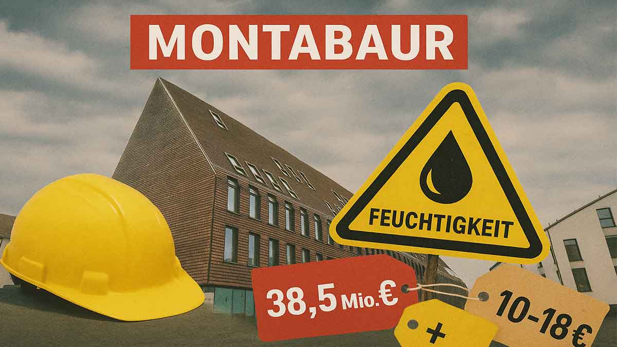 Das neue Gebäude der Stadtverwaltung Montabaur. Im Vordergrund ein Warnschild "Achtung Feuchtigkeit", ein Bauhelm und verschiedene Preisschilder.
