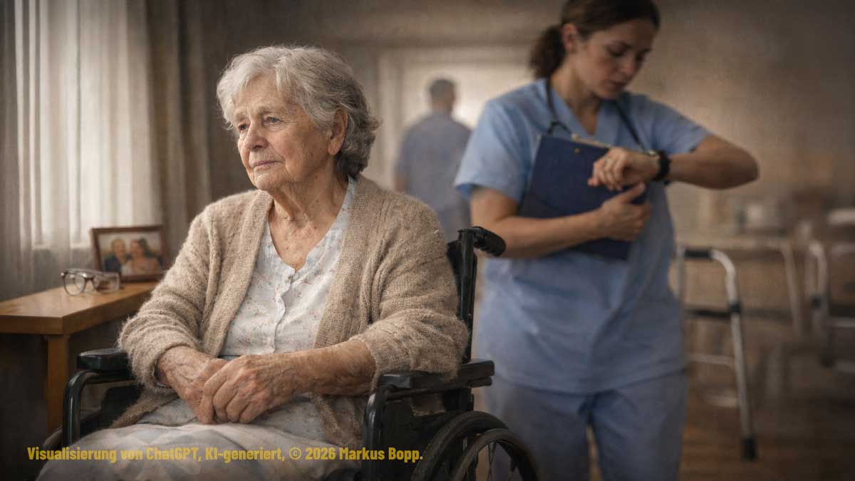 Ältere Frau sitzt nachdenklich im Rollstuhl am Fenster, während eine Pflegekraft im Hintergrund auf ihre Uhr schaut und unter Zeitdruck wirkt.