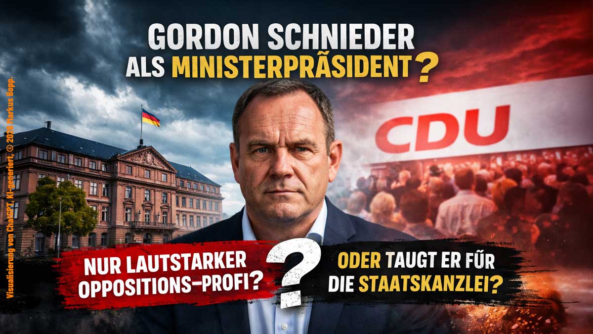 Gordon Schnieder, CDU Rheinland-Pfalz, kritisch in Szene gesetzt vor dem Landtag Rheinland-Pfalz, symbolisch für seine Rolle als Ministerpräsidentenkandidat und Oppositionsführer.