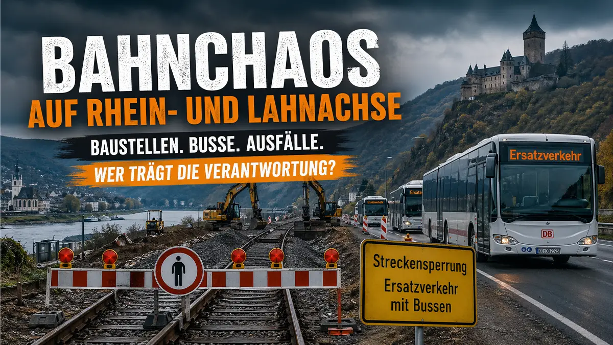 Baustelle an Bahnstrecke im Lahntal mit Ersatzbussen und gesperrten Gleisen