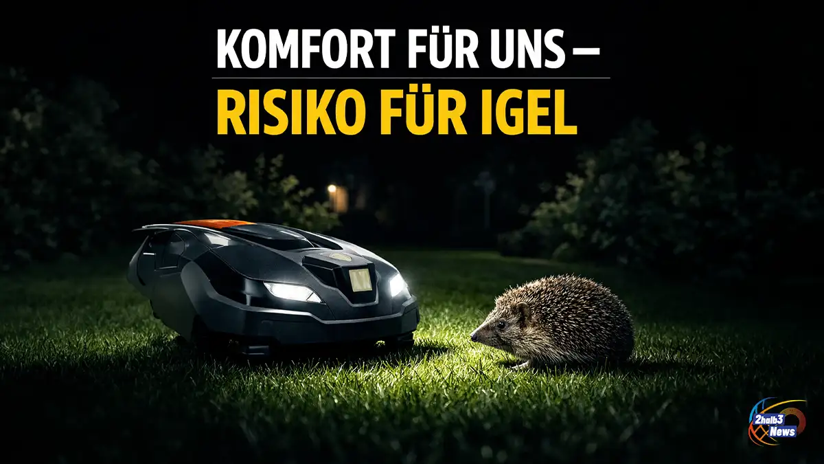 Mähroboter fährt nachts über Rasen, ein Igel befindet sich in unmittelbarer Nähe im Lichtkegel