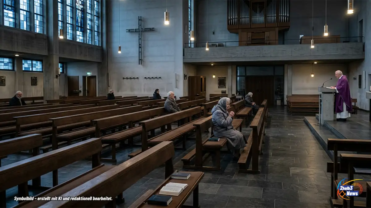 Halbleerer Kirchenraum in einer Kleinstadt, vereinzelte Besucher, ruhige und nachdenkliche Stimmung