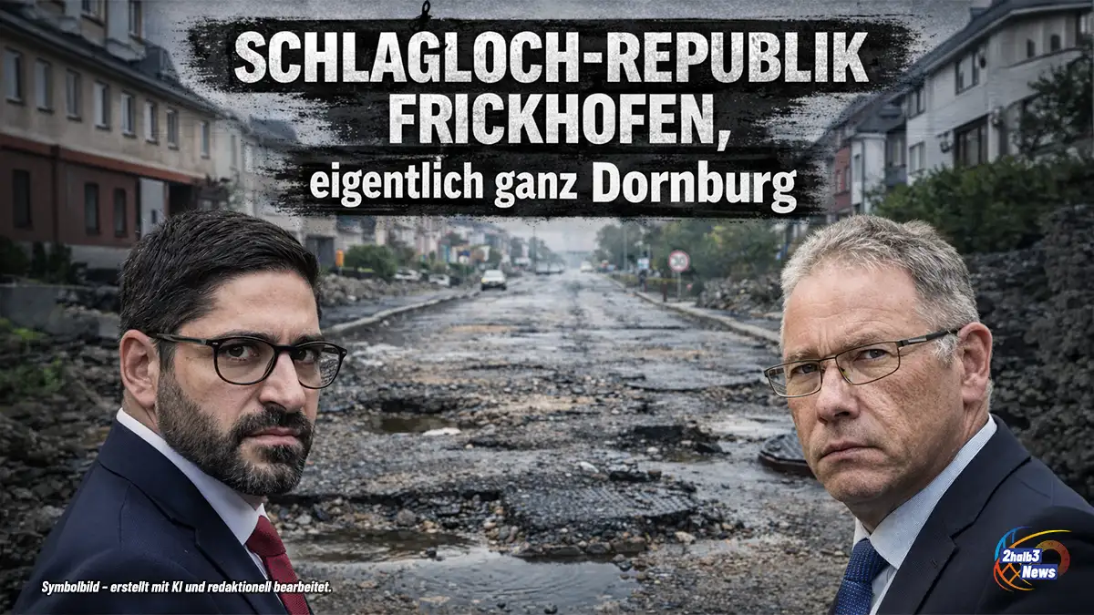 Zerstörte Straße in Frickhofen (Dornburg) mit großen Schlaglöchern, Wasser in Fahrbahnschäden und abgesacktem Kanaldeckel; Schriftzug ‚Schlagloch-Republik Frickhofen, eigentlich ganz Dornburg