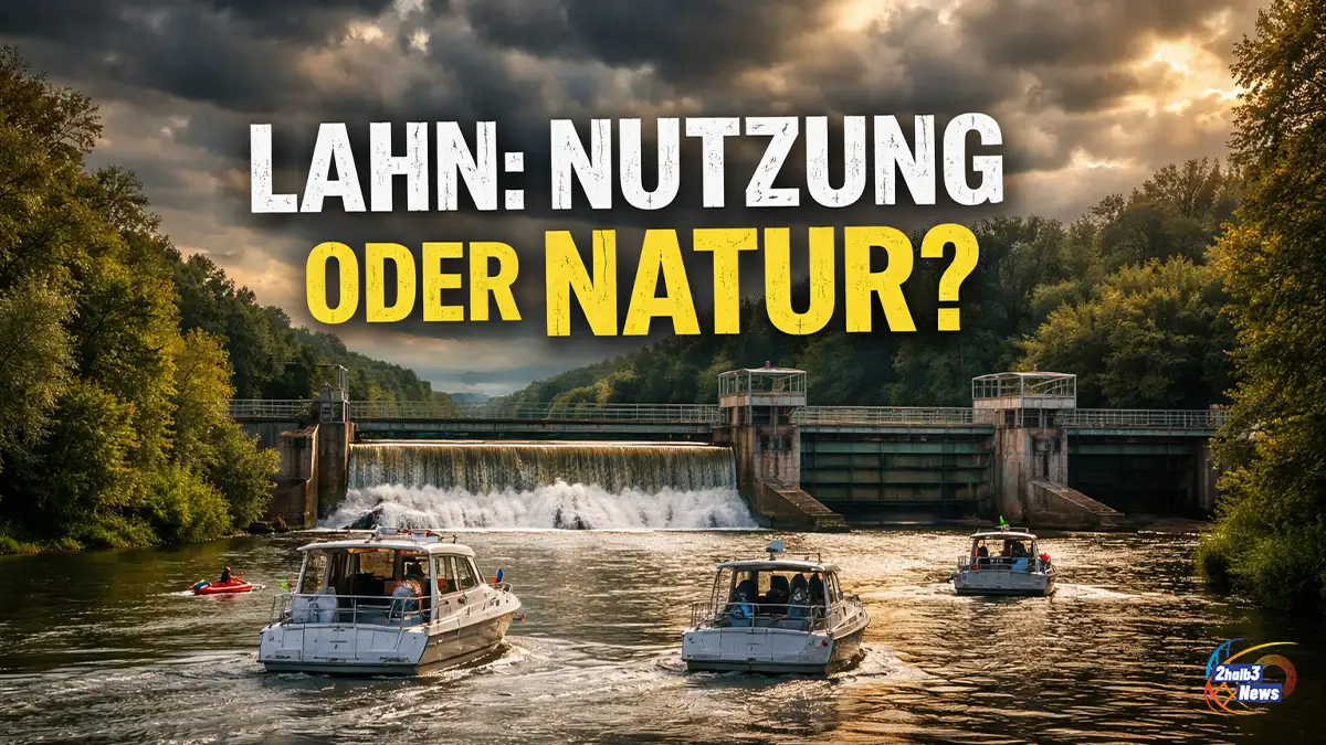 Flusslandschaft der Lahn mit Schleuse, Wehr und Sportbooten im Wasser, technische Infrastruktur im Kontrast zur Natur.