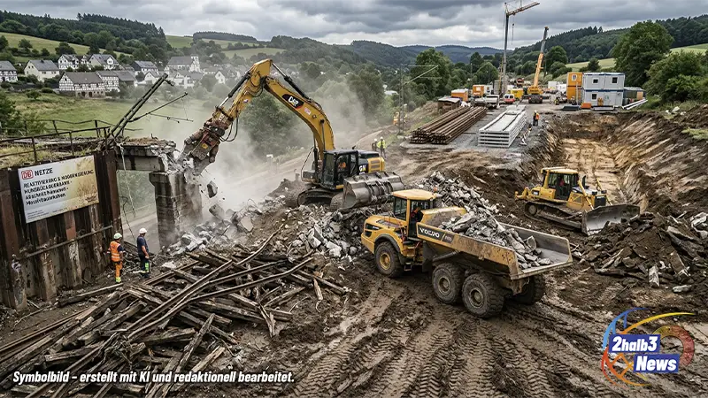 Baustelle zum Wiederaufbau einer Bahnstrecke im Hunsrück: Ein Bagger reißt alte Brückenteile ab, während LKW und Baumaschinen Schutt abtransportieren; im Hintergrund sind Hügel, Häuser und Bauarbeiten entlang der Trasse sichtbar.