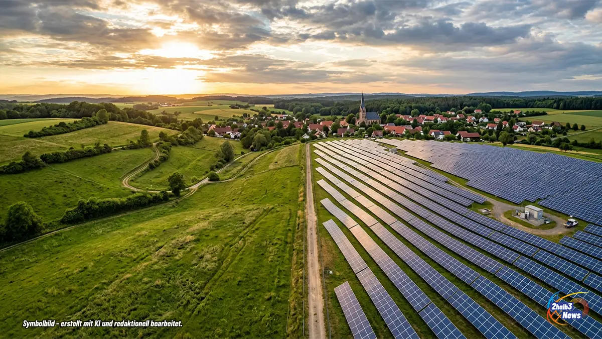 Luftaufnahme eines großflächigen Solarparks auf einer ehemaligen Ackerfläche mit Reihen von Solarmodulen, umgeben von ländlicher Landschaft und einem nahegelegenen Dorf im Hintergrund.