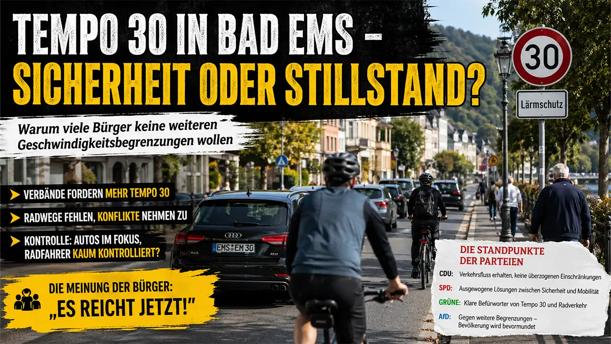 Straßenszene in Bad Ems mit Tempo-30-Schild, Autos, Radfahrern und Fußgängern im Konfliktverkehr.