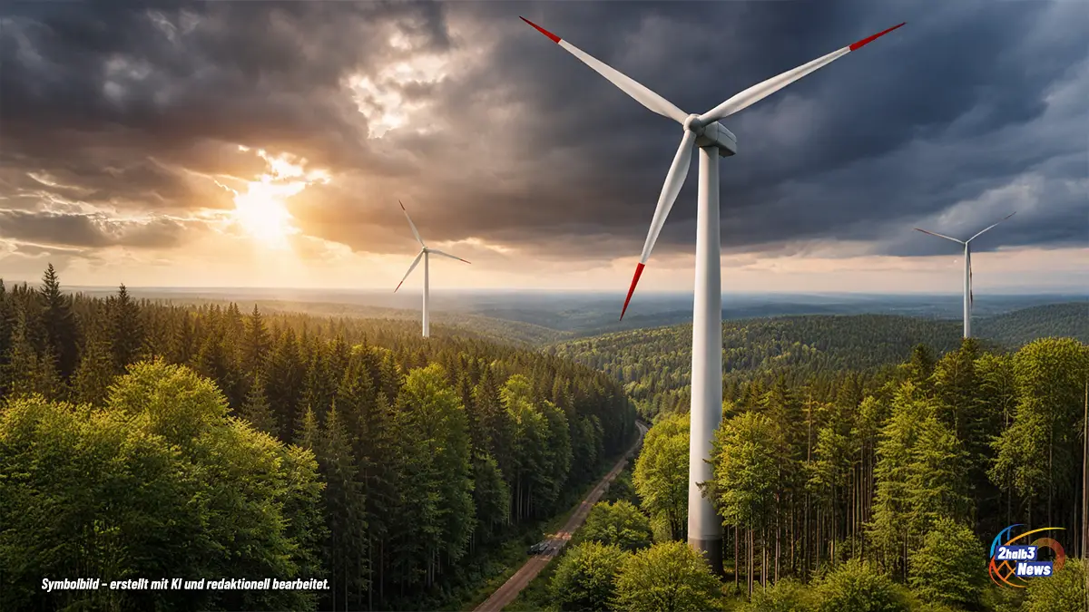 Mehrere moderne Windkraftanlagen ragen bei Sonnenuntergang über dichten Wald im Westerwald. Die bis zu 300 Meter hohen Anlagen stehen inmitten großflächiger Forstgebiete, eine Schneise mit Zufahrtsweg führt durch das Gelände – Symbolbild für den geplanten Windkraftausbau in regionalen Waldflächen.