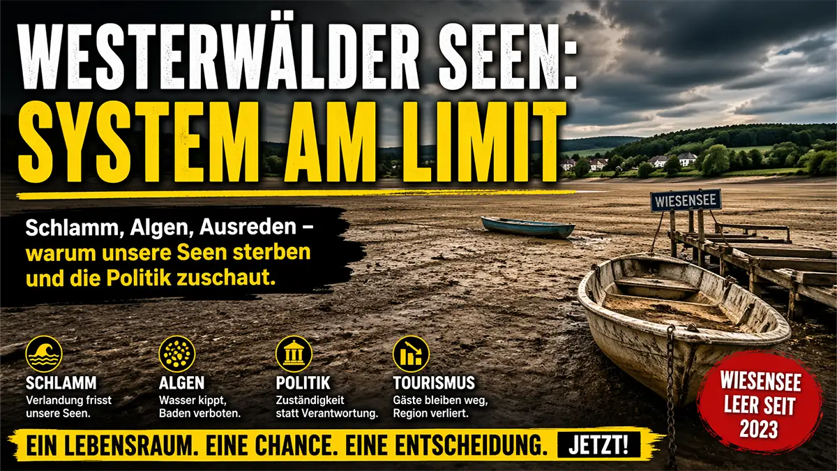 Ausgetrockneter Wiesensee mit freiliegendem Schlamm und verlassenen Booten