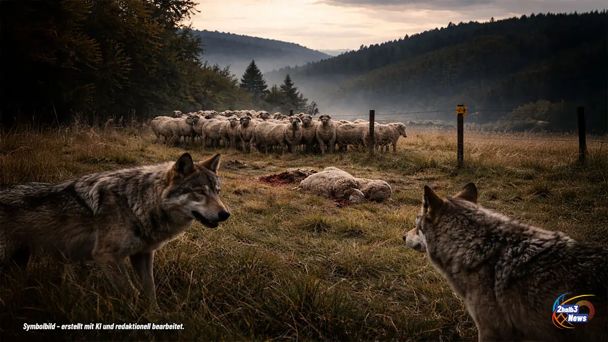 Zwei Wölfe beobachten eine Herde Schafe auf einer dramatischen Weidelandschaft im Westerwald, unter bewölktem Himmel. Realistische Darstellung, Fokus auf Tierbeobachtung in freier Natur.