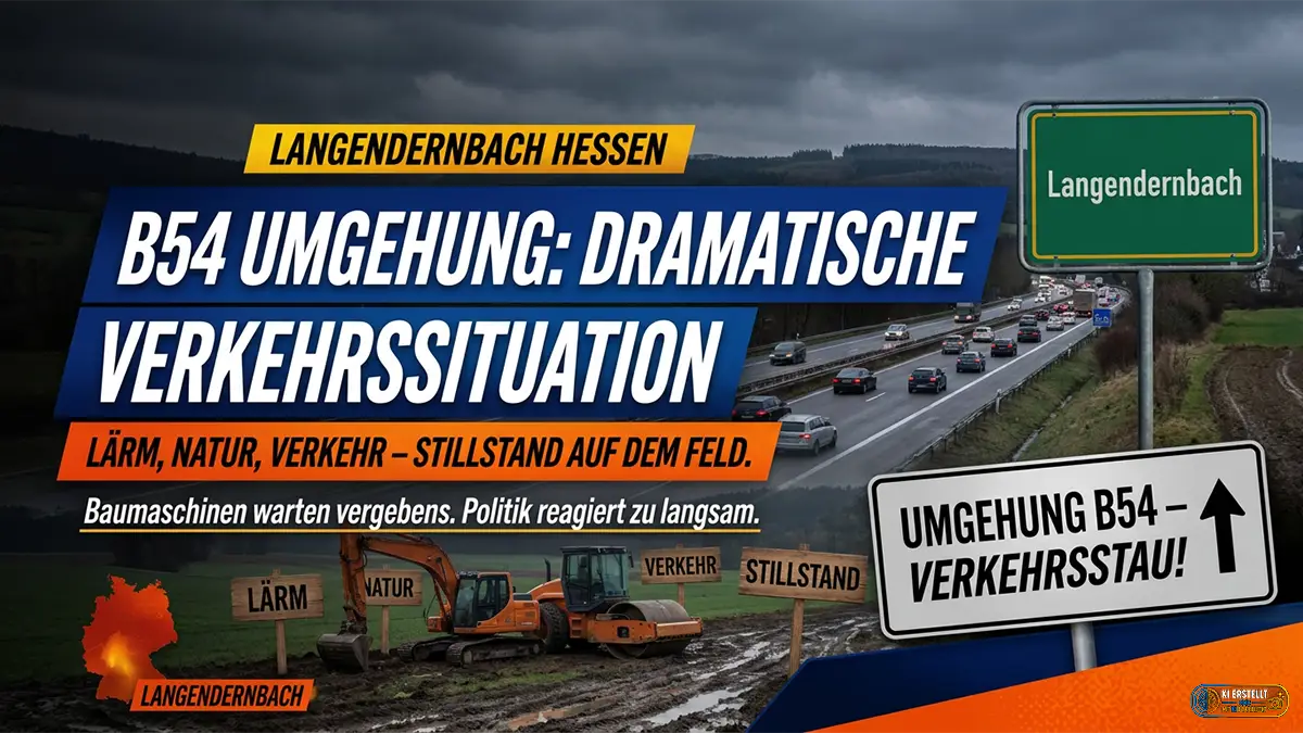Symbolbild zur B54-Ortsumgehung in Langendernbach (Hessen): Im Vordergrund stehen Baumaschinen auf einem matschigen Feld mit Schildern „Lärm“, „Natur“, „Verkehr“ und „Stillstand“. Im Hintergrund ist dichter Verkehr auf einer mehrspurigen Straße zu sehen. Rechts ein Ortsschild „Langendernbach“ sowie ein Verkehrsschild „Umgehung B54 – Verkehrsstaus“. Darüber die Überschrift: „B54 Umgehung: Dramatische Verkehrssituation“ und der Hinweis auf politische Verzögerungen.