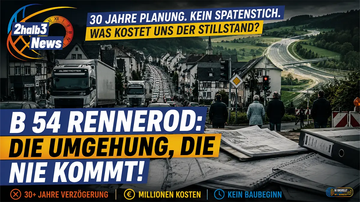 Symbolbild zur B54-Ortsumgehung Rennerod: Starker Verkehr im Ort, Planungsunterlagen im Vordergrund und visualisierte Umgehungsstraße im Hintergrund.