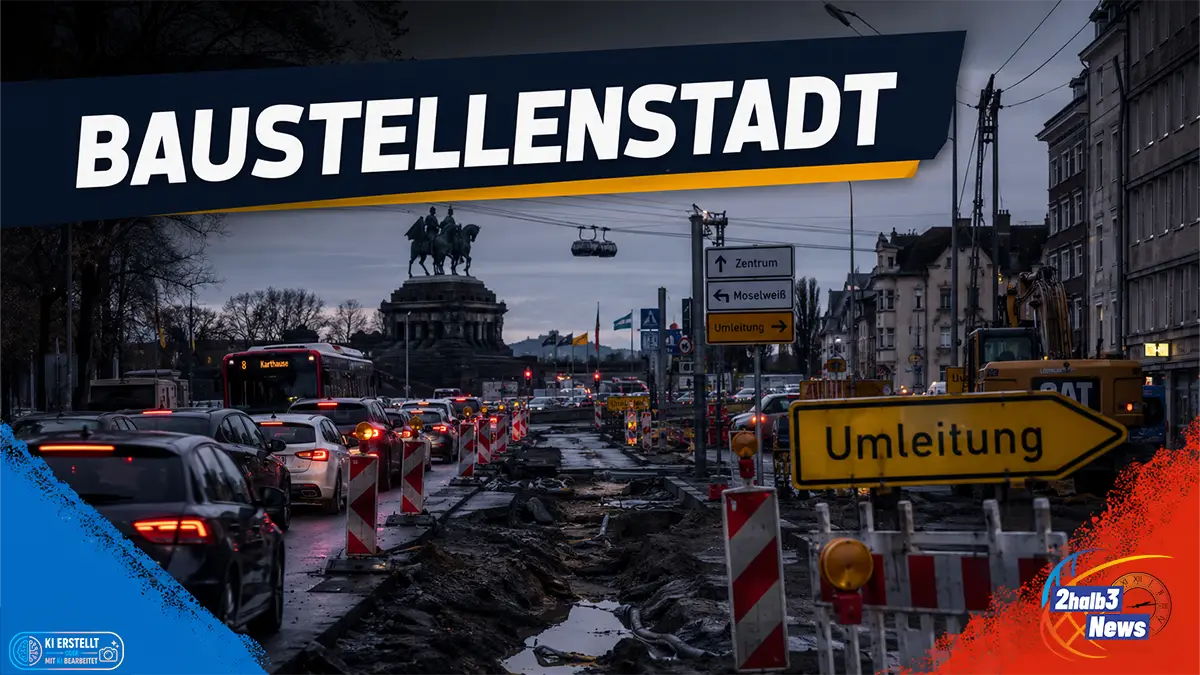 Dunkle Baustellenszene in Koblenz mit Warnbaken, Absperrungen und Verkehr im Hintergrund; symbolisch für zahlreiche gleichzeitige Bauarbeiten, Sperrungen und Umleitungen in der Stadt.
