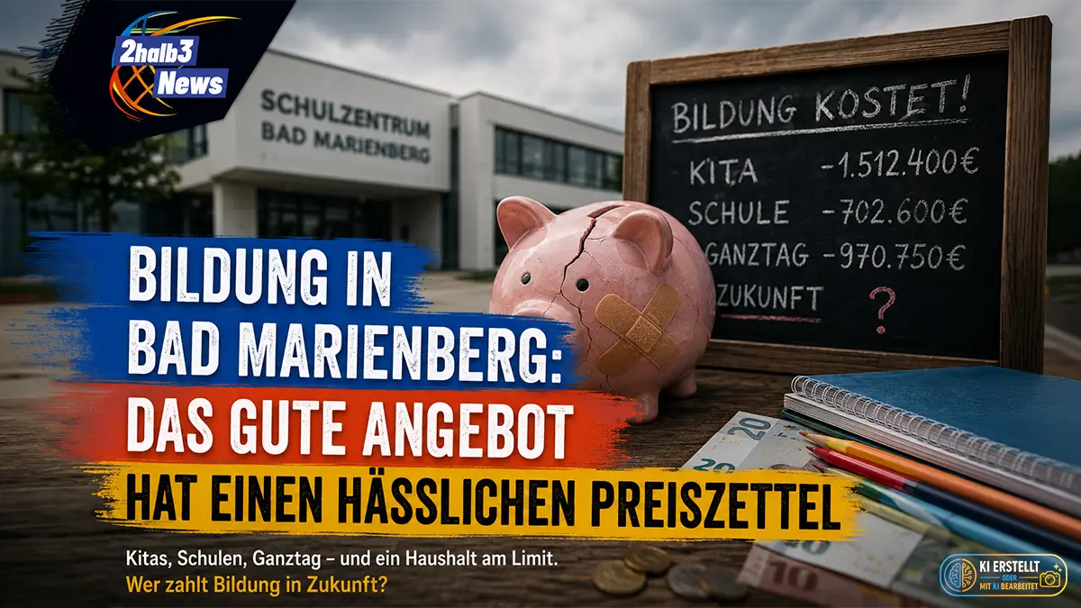 Quadratisches Titelbild im Stil von 2halb3: Vor dem Schulzentrum Bad Marienberg steht ein beschädigtes Sparschwein neben Euro-Scheinen, Münzen und Schulmaterialien. Im Hintergrund zeigt eine Tafel hohe Kosten für Kita, Schule und Ganztag. Große Schlagzeilen in Blau, Rot und Gelb thematisieren die steigenden Bildungskosten.