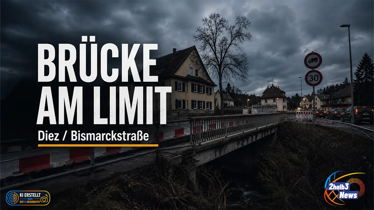 Dramatisches Beitragsbild zur Aarbrücke in Diez: gesperrte Brücke mit Baustellenabsperrungen, dunklem Himmel und großem Text „Brücke am Limit: Warum dauerte es Jahre?“.