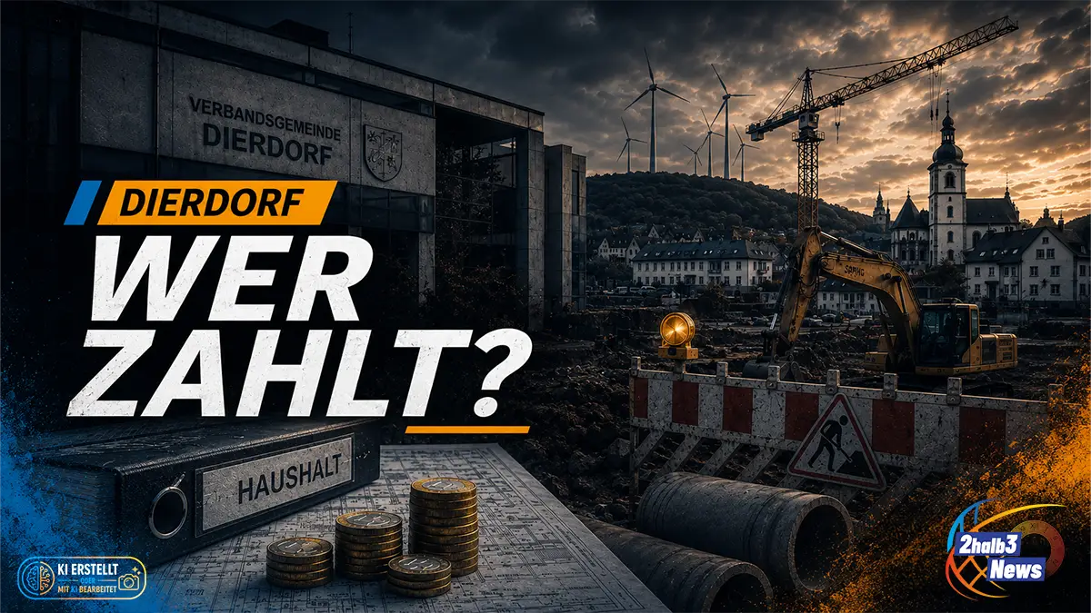 Dramatische 2halb3-Grafik zur Verbandsgemeinde Dierdorf: Rathausfassade, Baustelle, Bagger, Kran, Windräder, Haushaltsordner und Münzstapel. Großes Text-Overlay: „Dierdorf – Wer zahlt?“