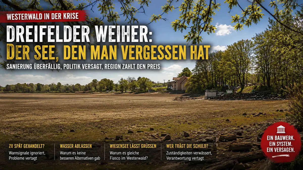 Teilweise trockengelegter Dreifelder Weiher im Westerwald mit sichtbarem Seegrund und Bauarbeiten zur Sanierung des Mönchbauwerks.