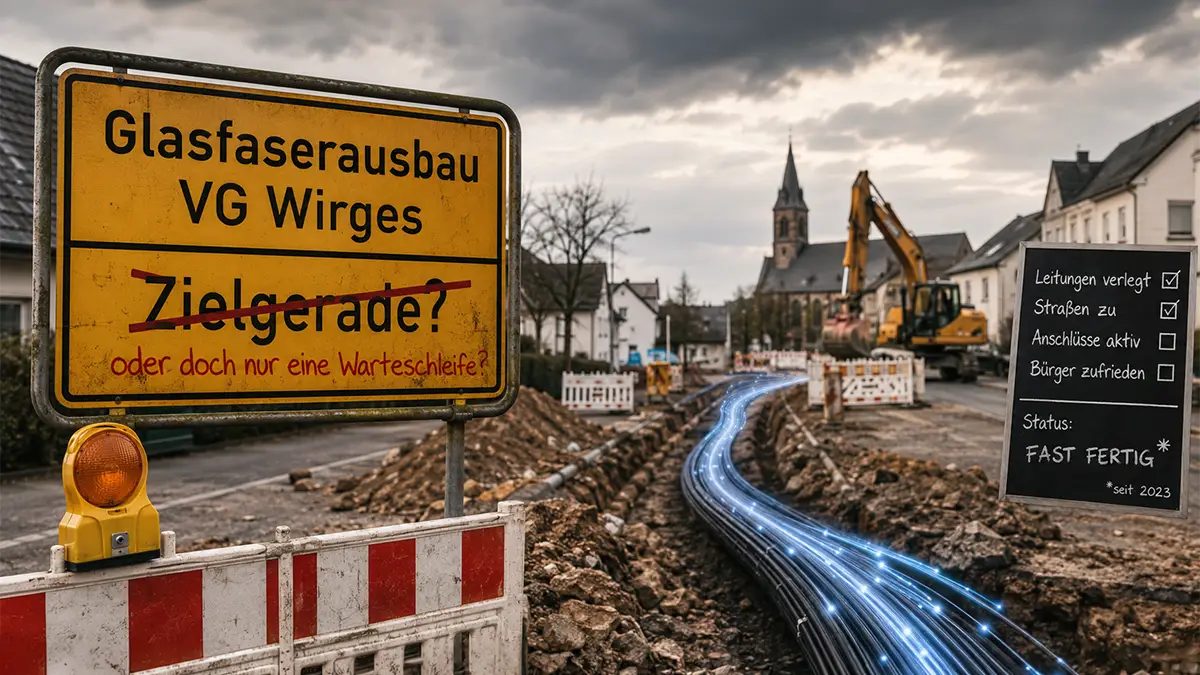 Baustelle zum Glasfaserausbau in einer deutschen Kleinstadt (hier symbolisch Wirges) mit aufgerissener Straße, Baufahrzeugen und symbolisch leuchtenden Glasfaserkabeln im Boden.