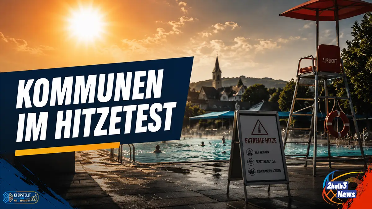 Dramatisches 2halb3-Teaserbild: Freibad bei starker Sonne mit Rettungsschwimmerstuhl, Warnschild „Extreme Hitze“ und großer Schlagzeile „Kommunen im Hitzetest“.