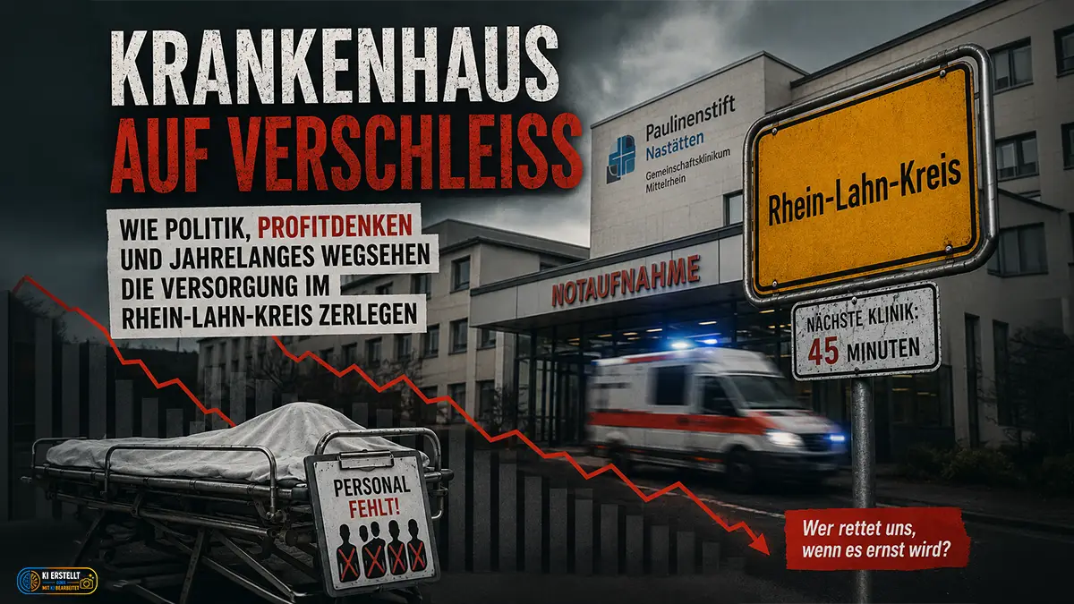 Krankenhausgebäude im Rhein-Lahn-Kreis als Symbol für eine unter Druck stehende Gesundheitsversorgung zwischen Kosten, Personalengpässen und Strukturwandel.