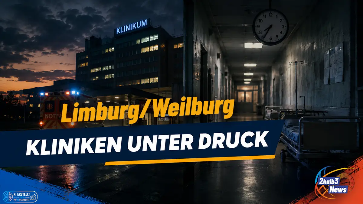 Krankenhaus bei Nacht, Rettungswagen, leerem Klinikflur und der Schlagzeile „Kliniken unter Druck“.