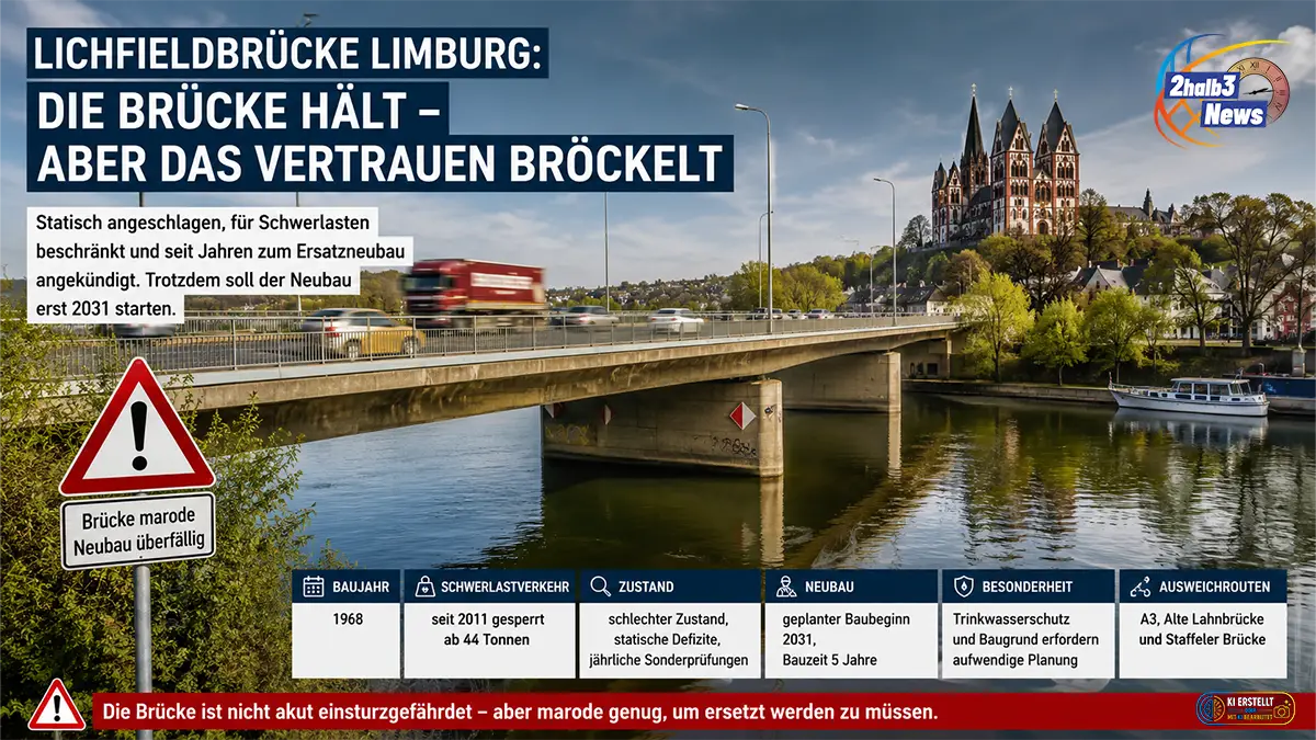 Dramatische Ansicht der Lichfieldbrücke in Limburg über der Lahn mit Verkehr, Warnsymbolen und Dom im Hintergrund; Text-Overlay thematisiert den schlechten Zustand, die Schwerlastbeschränkung und den geplanten Neubau ab 2031.