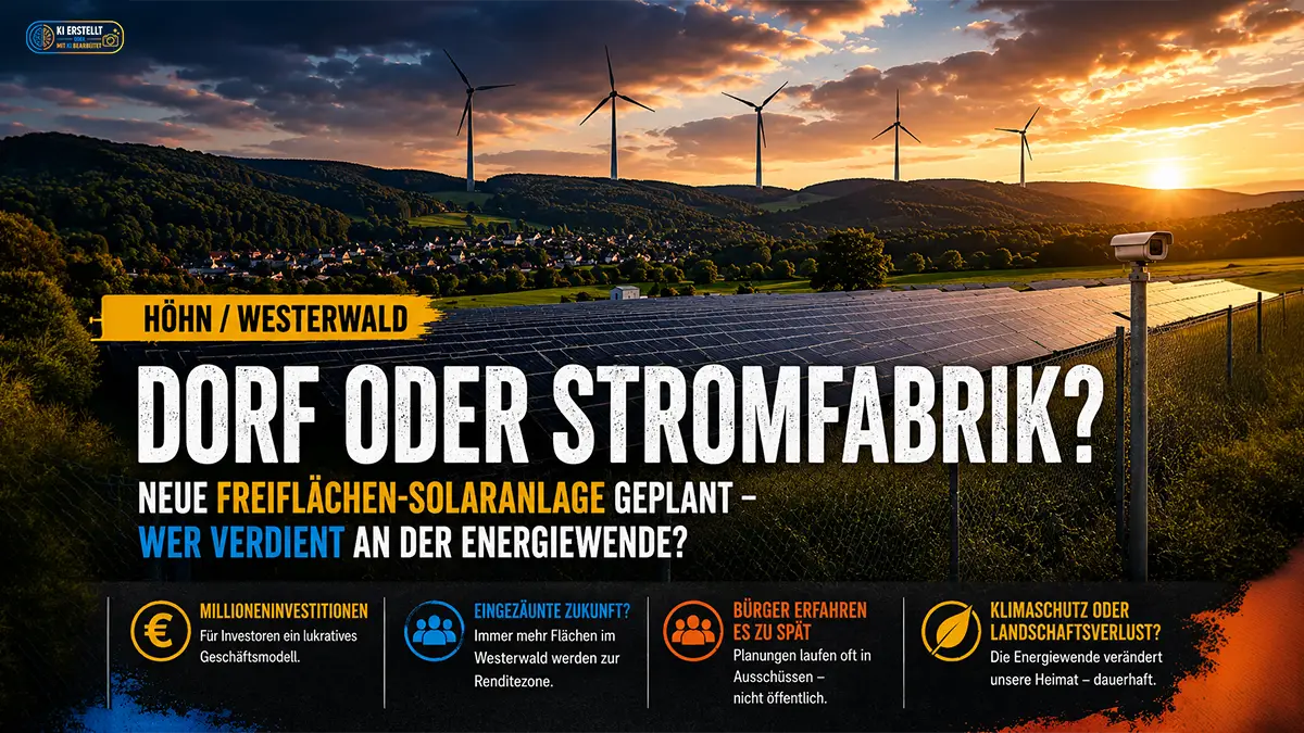 Freiflächen-Photovoltaikanlage im Westerwald mit Windrädern im Hintergrund bei Sonnenuntergang