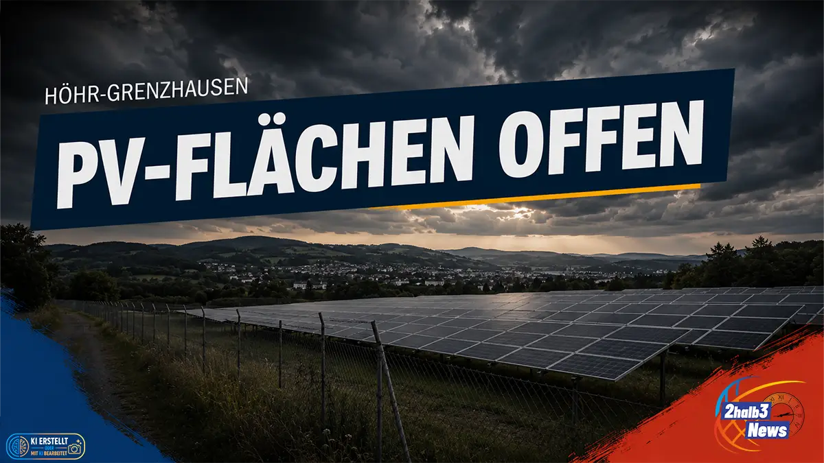 Dramatische 2halb3-Social-Media-Grafik zu Freiflächen-Photovoltaik in Höhr-Grenzhausen: Im Vordergrund stehen ein Zaun, ein Hinweisschild „Geplante PV-Fläche“ und Solarmodule, im Hintergrund ist eine Ortsansicht unter dunklen Gewitterwolken zu sehen. Die Grafik fragt: „PV-Flächen offen – Standorte, Planung, Folgekosten: Wo kommen sie hin?“
