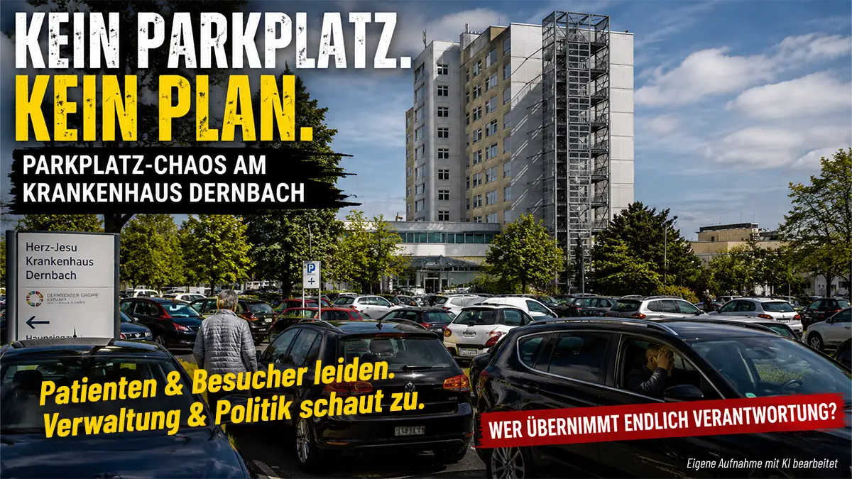 Überfüllter Parkplatz am Krankenhaus Dernbach mit Suchverkehr