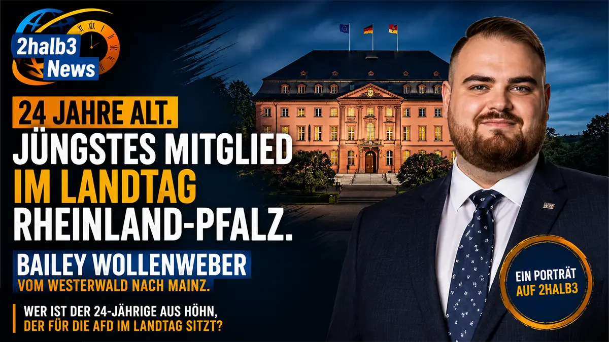 Porträt von Bailey Wollenweber vor dem Landtag Rheinland-Pfalz im Stil eines modernen News-Magazins. Große Schlagzeilen in Blau-, Orange- und Gelbtönen thematisieren den jüngsten Landtagsabgeordneten aus dem Westerwald.