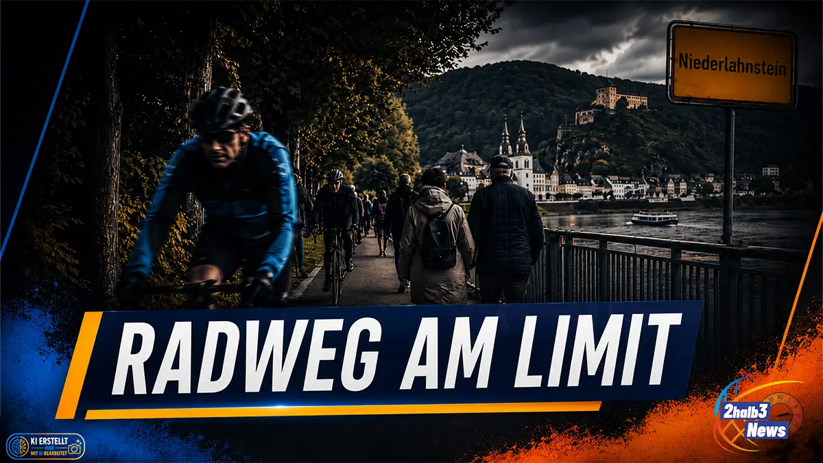 Dunkles 2halb3-Teaserbild zum Radweg-Streit in Niederlahnstein: Radfahrer und Fußgänger teilen sich einen engen Weg am Rhein, darüber der Schriftzug „Radweg am Limit“.