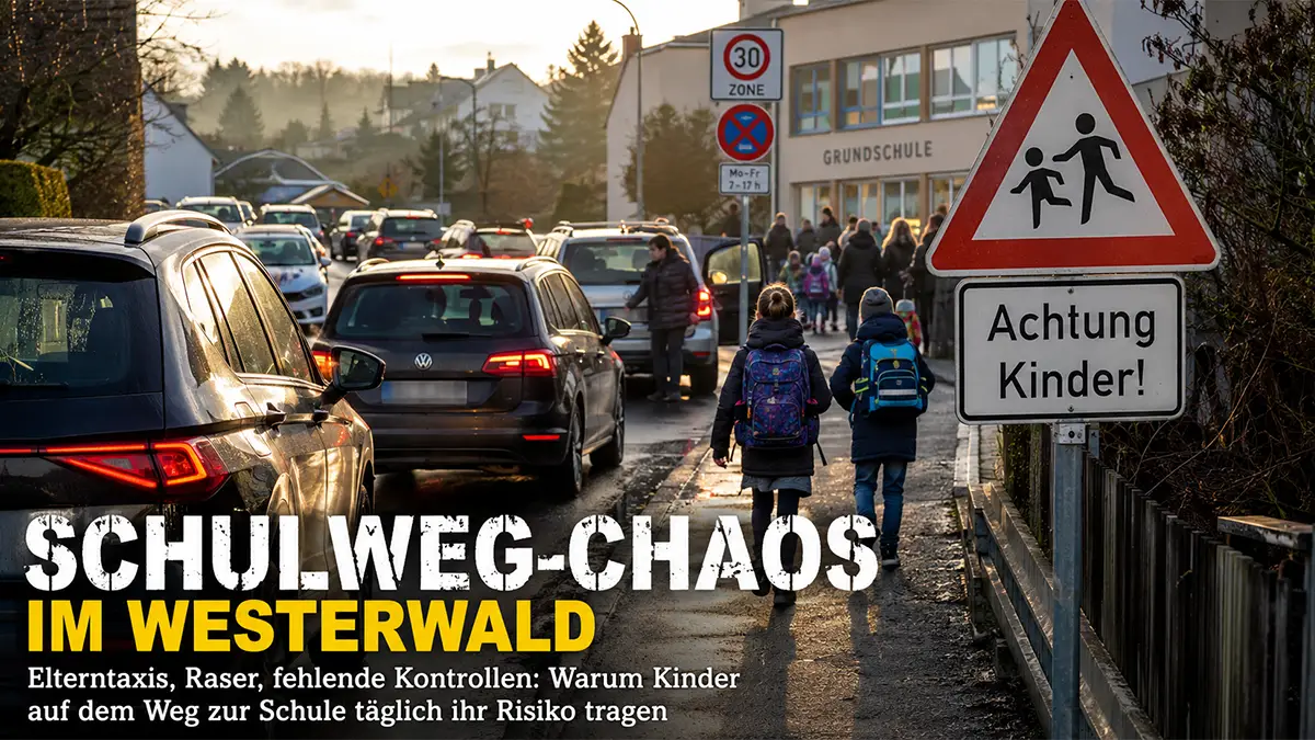 Morgendliches Verkehrschaos vor einer Schule im Westerwaldkreis mit Autos und Schulkindern