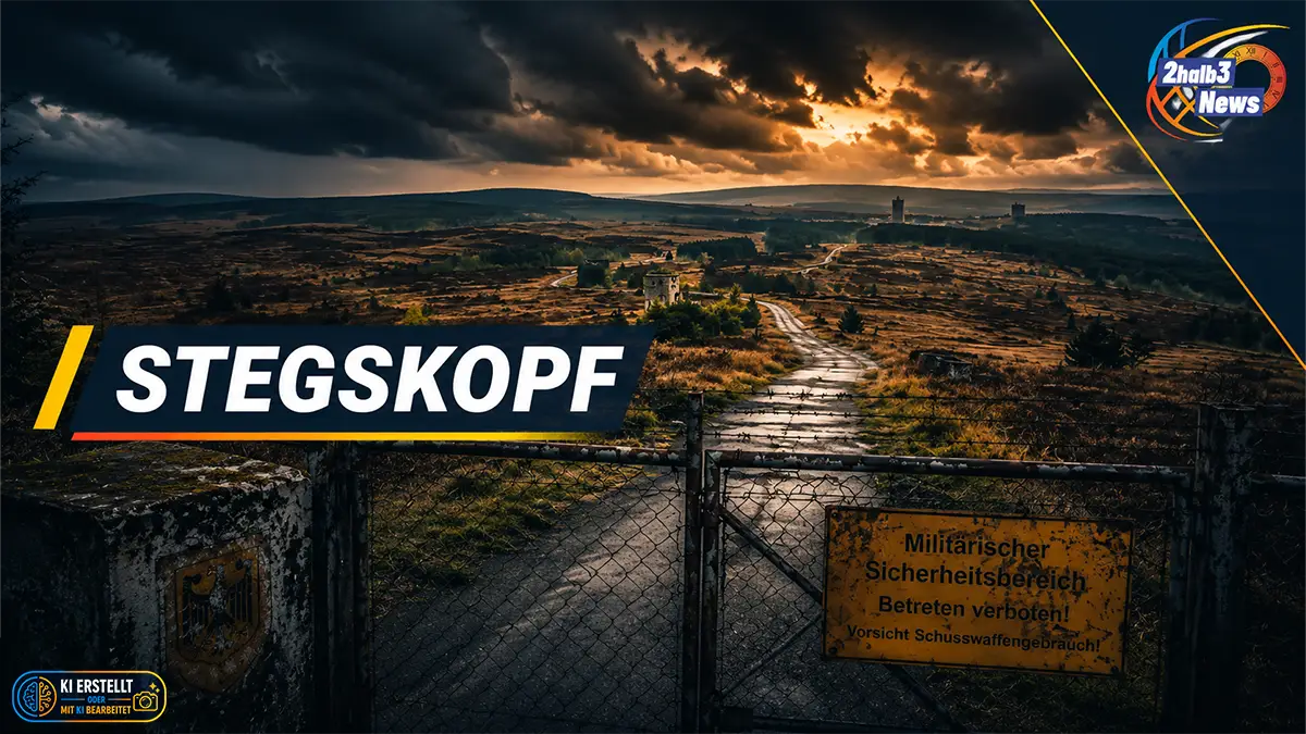 Dunkles 2halb3-Teaserbild zum Stegskopf: ein gesperrtes ehemaliges Militärgelände mit Zaun, Warnschild, Straße ins Hochland und dramatischem Himmel.