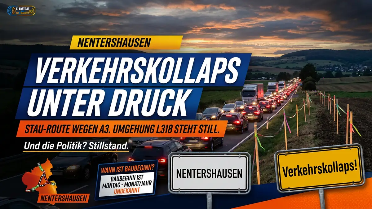 Abendaufnahme einer langen Autoschlange auf einer Landstraße bei Nentershausen. Dichter Verkehr mit vielen Lkw und Pkw, rote Bremslichter ziehen sich durch die hügelige Landschaft. Im Vordergrund sind Ortsschilder mit der Aufschrift „Nentershausen“ und „Verkehrskollaps!“ zu sehen. Große Schlagzeile im Bild: „Verkehrskollaps unter Druck – Stau-Route wegen A3, Umgehung L318 steht still.“
