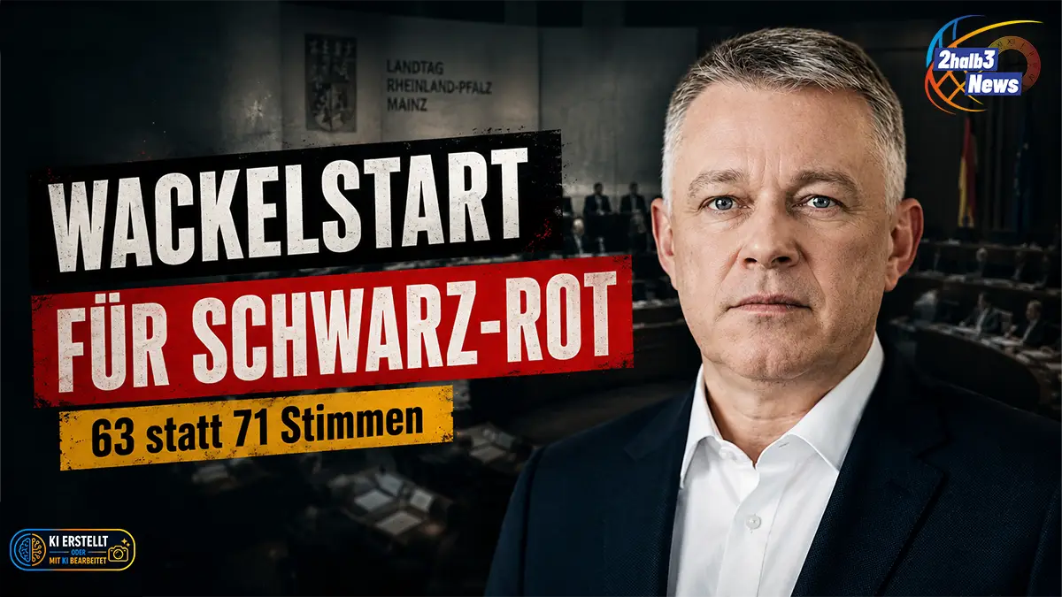 Dunkle 2halb3-Grafik zur Landespolitik in Rheinland-Pfalz: Ein ernst blickender Politiker steht vor einem unscharfen Landtagssaal. Große Textflächen zeigen „Wackelstart für Schwarz-Rot“ und „63 statt 71 Stimmen“.