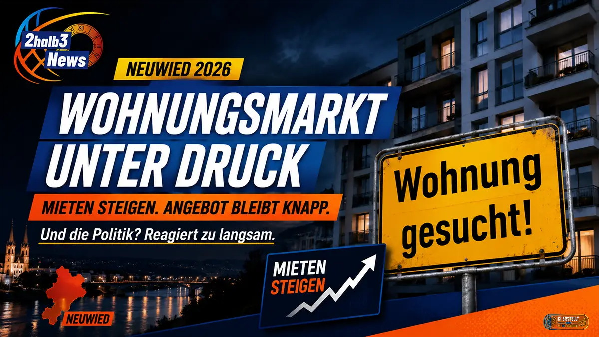 Grafik zum Wohnungsmarkt in Neuwied 2026: Vor einem abendlichen Stadtbild mit Rhein und Wohngebäuden steht groß die Überschrift „Wohnungsmarkt unter Druck“. Daneben ein gelbes Schild mit der Aufschrift „Wohnung gesucht!“ sowie ein Diagramm mit steigender Kurve und dem Hinweis „Mieten steigen“.