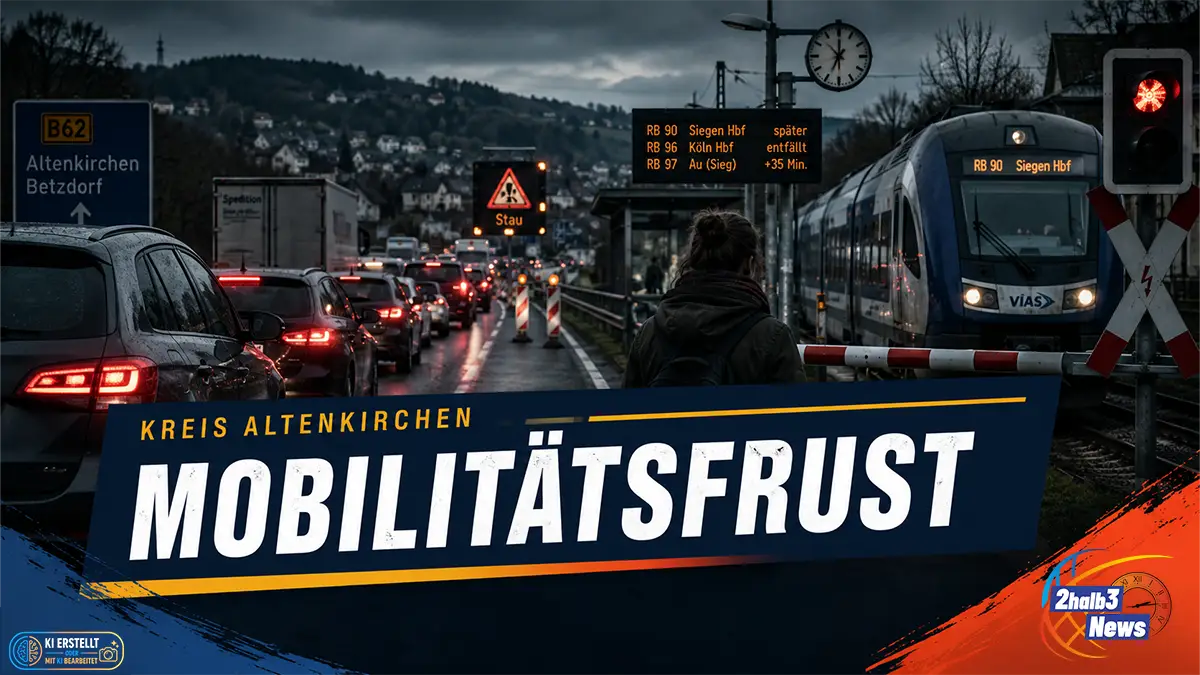 Dramatische Verkehrsszene mit Baustelle, Bahn und Stau als Symbol für Mobilitätsfrust im Kreis Altenkirchen.