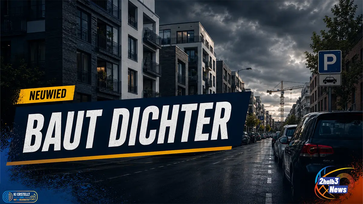 Neuwieder Wohnstraße mit Neubauten, parkenden Autos, Parkplatzschild und Hinweis auf Stellplatzsatzung.