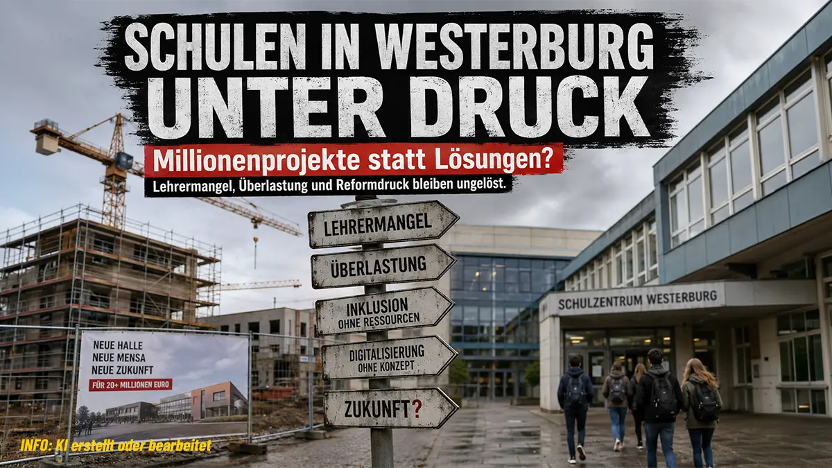 Symbolbild zum Zustand der Schulen in Westerburg: Vor dem Schulzentrum stehen Baustellen und Hinweisschilder mit Begriffen wie Lehrermangel, Überlastung und Reformdruck. Im Hintergrund moderne Schulgebäude und Baukräne.