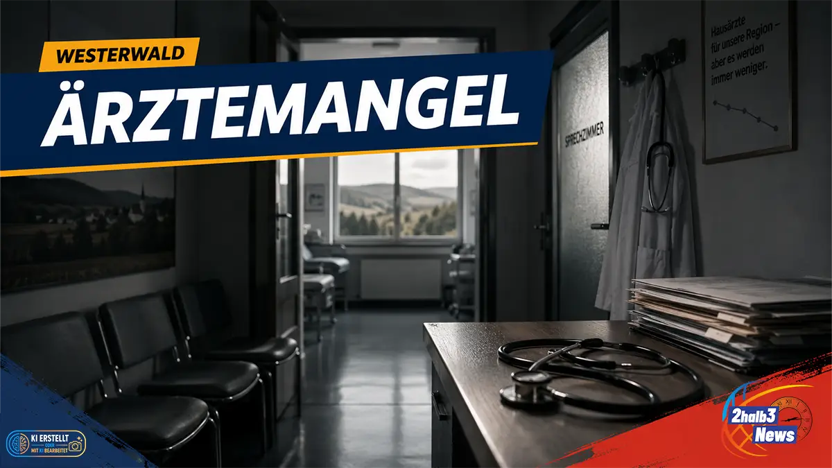 Dramatische Arztpraxis-Szene im Westerwald mit leerem Wartezimmer und Hinweis auf Ärztemangel.