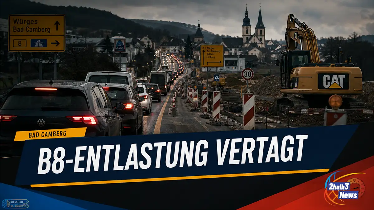 2halb3-Teaserbild zur B8-Umgehung Bad Camberg: dichter Verkehr, Baustellenabsperrungen und Bagger vor einer Ortskulisse. Auf dem Bild steht „B8-Entlastung vertagt“, dazu das Ortslabel „Bad Camberg“.