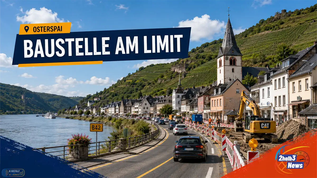 Freundliche 2halb3-Teasergrafik zur B42-Baustelle in Osterspai: Blick auf eine Rhein-Ortsdurchfahrt mit Häusern, Kirche, Hanglage, Baustellenabsperrungen, Bagger und Verkehr; darüber die Schlagzeile „Baustelle am Limit“.