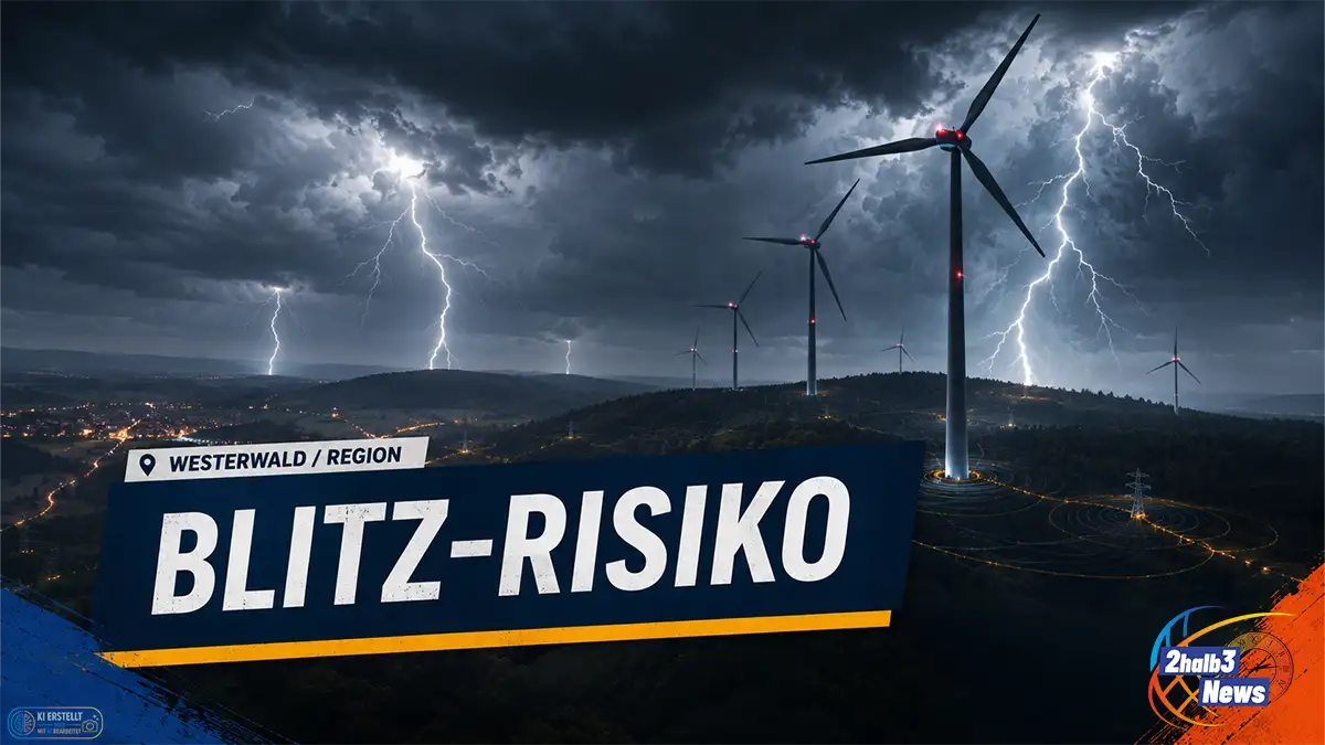 Dunkle Gewitterfront über Windrädern im Westerwald, Blitze am Himmel, Text: „Blitz-Risiko“.